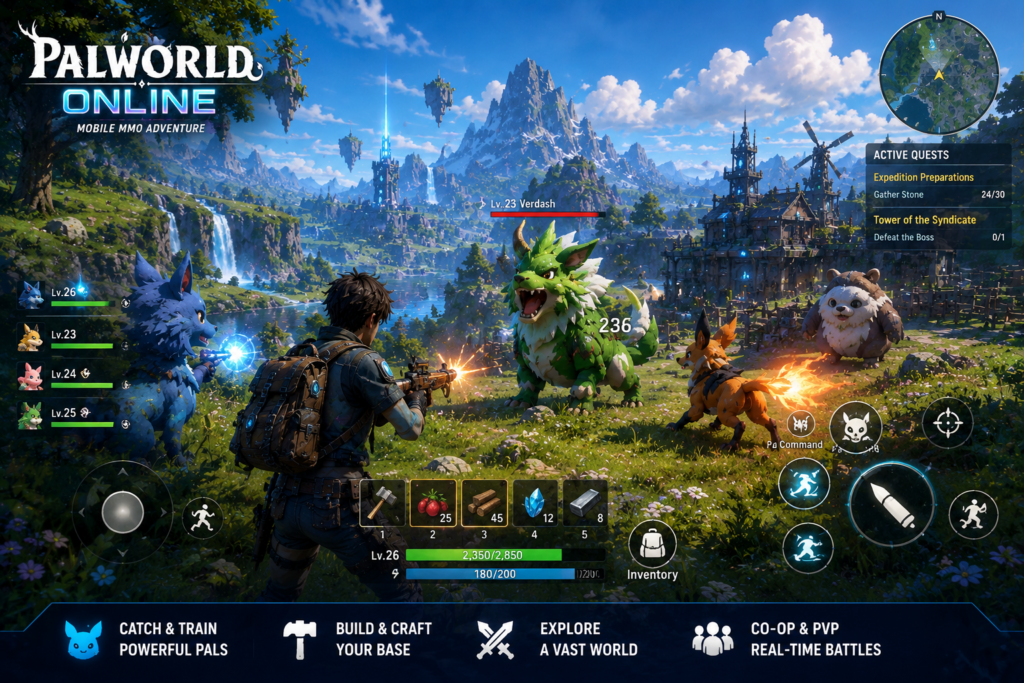 Players interacting with Pals in a shared base in Palworld Online mobile