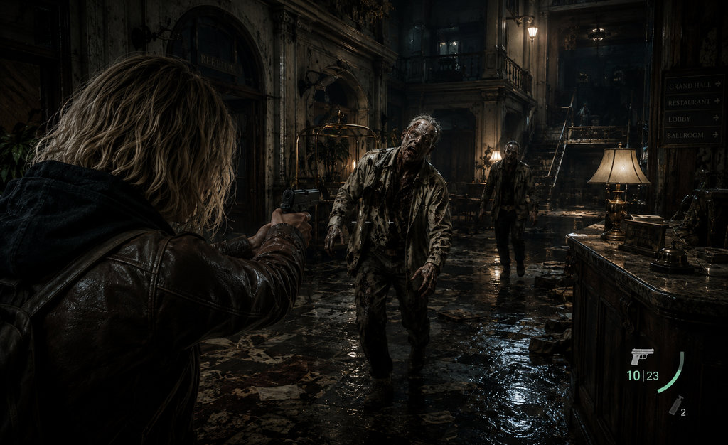 Resident Evil Requiem combat scene featuring Leon S. Kennedy