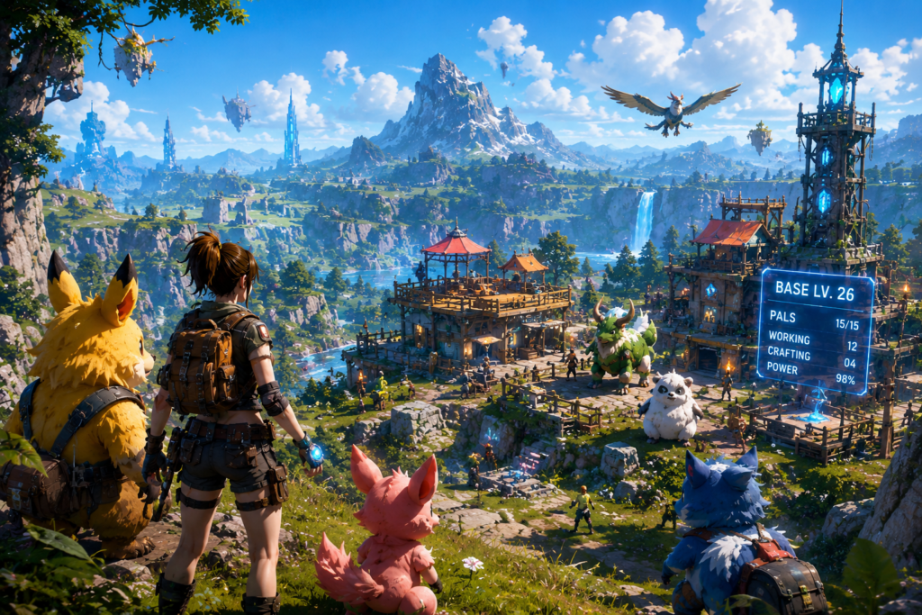 Palworld Online mobile game artwork showing characters and Pals in an open world setting