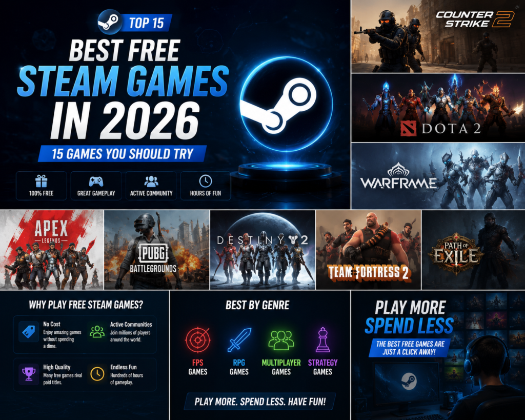 Best free Steam games 2026 collage featuring Counter-Strike 2 and Warframe