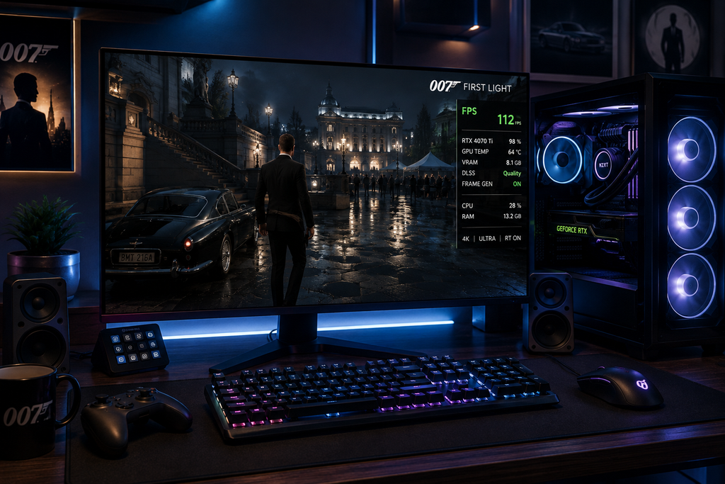 007 First Light PC gameplay showing a serene landscape during golden hour.